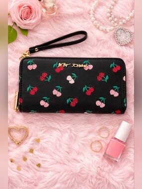 Betsey Johnson Cherry Embroidered Zip Wallet Wristlet NWT 🍒 Black | Cute Gift